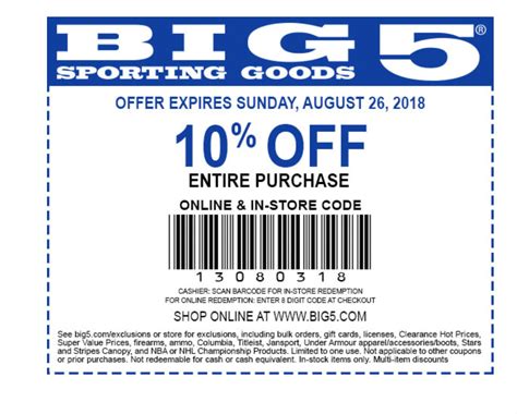 Coupon code big 5 - 15% Off. Expired. Online Coupon. 30% off your order using this Under Armour coupon. 30% Off. Expired. Top Under Armour promo code: Up to 50% off. 40% Off the latest sports apparel and shoes. Find ...